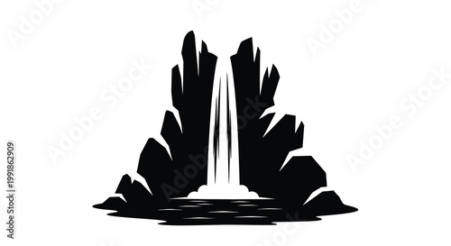 A striking black silhouette of a waterfall cascading into a pool