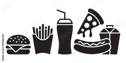 Fast Food Icons Set Burger Fries Soda Pizza Vector