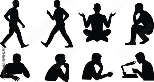 people silhouette set, thinking poses collection, walking sitting meditation stress ideas, human emotions concepts, black vector silhouettes, creative mindset, problem solving icons
