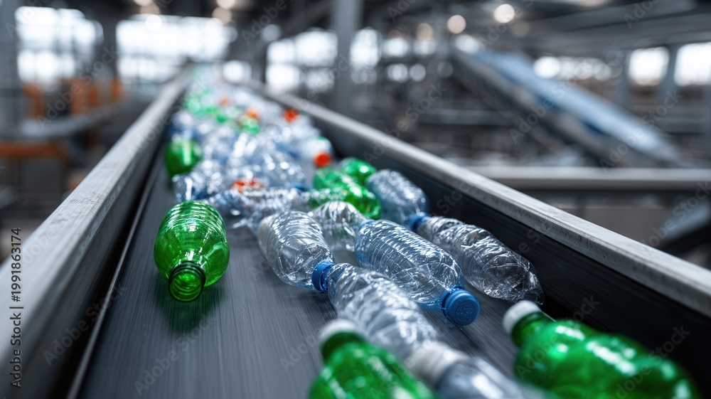Obraz premium Plastic bottles moving on conveyor belt, sorting for recycling in industrial facility promoting circular economy