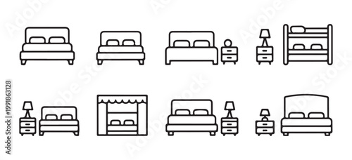 Bedroom furniture icons collection for interior design and home decor outline set.