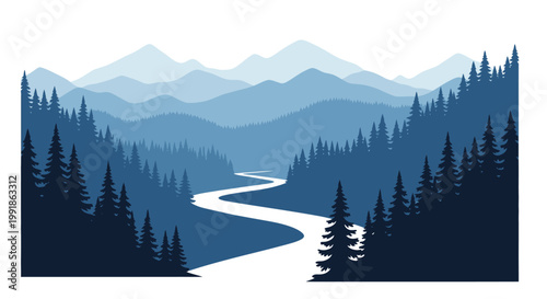 A winding river path leads through a serene mountain landscape