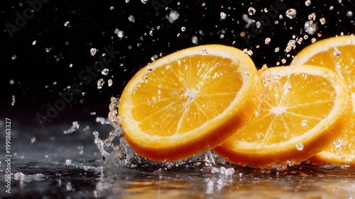 Orange slices splashing in water, showing freshness and healthy natural citrus fruit drink preparation