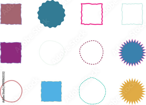 Abstract Decorative Shapes Collection on White Background: Geometric Elements, Circles, Squares, and Bursting Stars in Simple Flat Design for Graphic Design, Decoration, Invitations, and Modern Arts a