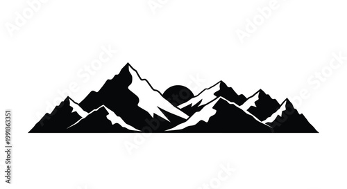 Minimalist black silhouette of mountains and a rising sun