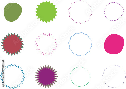 Vibrant Shapes and Seals on White: A Collection of Colorful Organic Blobs and Bursting Starburst Badges, Dotted and Dashed Rings for Stickers, Labels, Marketing Materials, and Decorative Embellishment