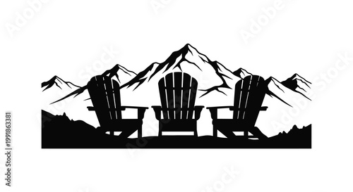 Black silhouette of three adirondack chairs before a mountain range