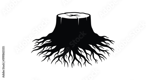 A stark black silhouette of a tree stump with exposed roots