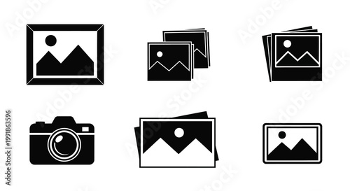 Black and white icons depicting photographs cameras and image displays