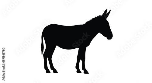 A simple black silhouette of a donkey standing in profile