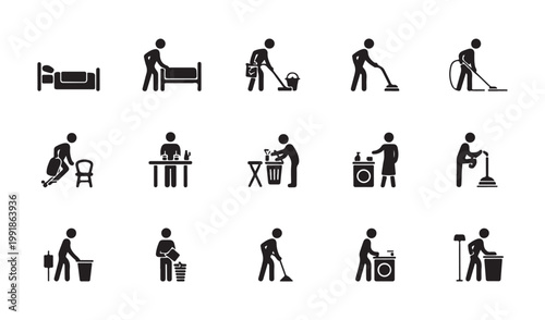 Cleaning service icons depicting human figures performing various household chores and janitorial maintenance work.