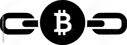 A flat black vector silhouette icon of a coin connected to a blockchain link on a white background.
Fintech vector silhouette illustration isolated on white background 