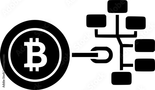 A flat black vector silhouette icon of a coin connected to a blockchain link on a white background.
Fintech vector silhouette illustration isolated on white background 