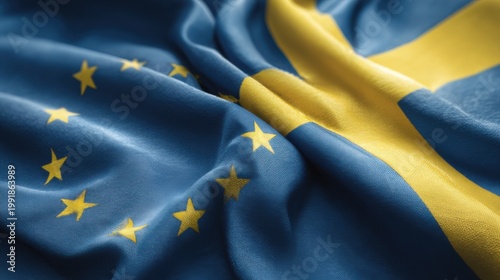 Sweden and European Union flags together in a close view on a fabric surface during a public event