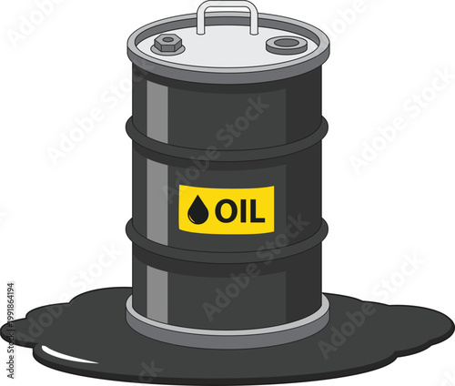 Black oil barrel leaking dark liquid on ground, flat vector illustration isolated on white background, representing petroleum spill, industrial storage, pollution, and environmental hazard.