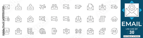 Photos Email line icon set featuring communication, message, newsletter, inbox, send, mailbox, and marketing