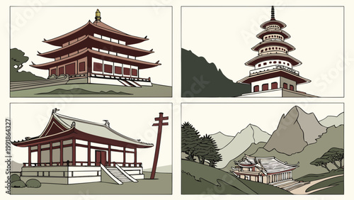 Vector illustration of traditional Buddhist temple. Flat design, minimalist style. Ideal for religion, Asia travel and cultural heritage concepts. Isolated.