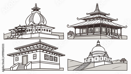 Vector illustration of traditional Buddhist temple. Flat design, minimalist style. Ideal for religion, Asia travel and cultural heritage concepts. Isolated.