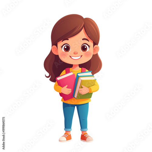 Cute cartoon girl holding books, representing education, knowledge, and childhood learning experiences