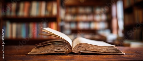 The open book resting on a wooden table in a warm vintage library
