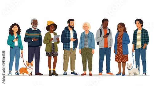 Diverse group of adults standing together with a small dog, showcasing inclusivity, casual fashion, and everyday life in a public setting