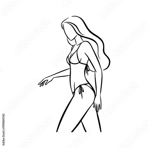 Logotipo vacaciones de verano. Dibujo minimalista con líneas de una mujer con bikini andando 