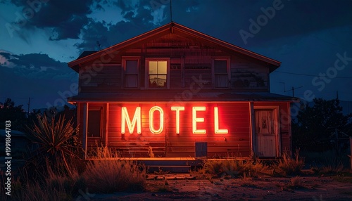 Illuminated Motel Sign at Dusk - A Nostalgic American Roadside Scene.