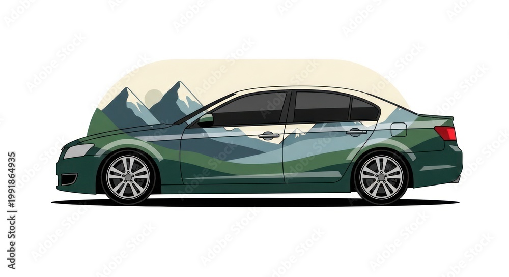 Obraz premium Sedan car with mountain landscape vinyl wrap illustration