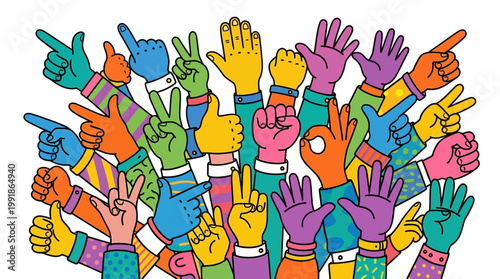 Vibrant illustration of a diverse crowd with colorful raised hands, symbolizing participation, unity, and teamwork.
