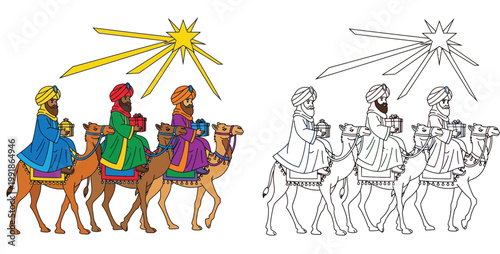 Three Wise Men Magi Riding Camels under Star of Bethlehem Biblical Illustration and Coloring Page Vector