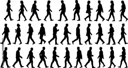 Collection of diverse black walking silhouettes arranged in rows, illustrating human gait, posture variation, clothing outlines, and pedestrian lifestyle study reference