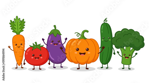 Cheerful anthropomorphic vegetables group: carrot, tomato, eggplant, pumpkin, cucumber, and broccoli posing together in a playful garden scene.