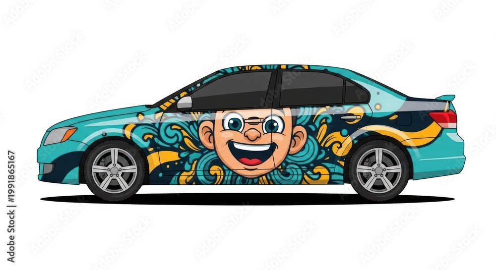 Naklejka premium Sedan car with vibrant cartoon character vinyl wrap side view