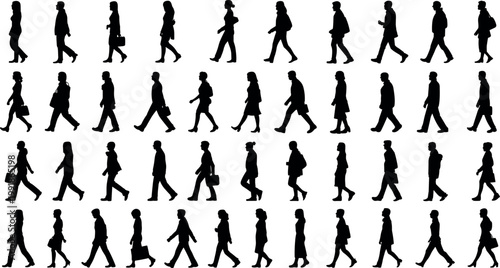 Collection of diverse black walking silhouettes of people carrying bags and briefcases, isolated on white background, lifestyle and pedestrian illustration