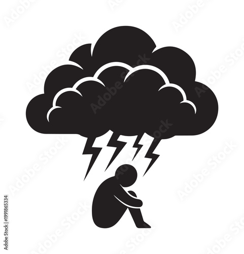Depressed person sitting under dark storm cloud with lightning, graphic illustration conveying mental health and emotional struggle concept