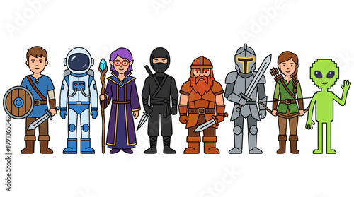 Lineup of diverse fantasy heroes in cartoon chibi style featuring knights, wizards, ninjas, adventurers, aliens and astronauts