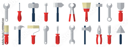 Construction tools icon collection in flat style. Set of hammer, wrench, screwdriver and repair equipment symbols