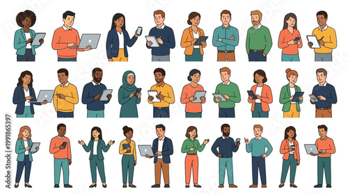 Diverse group of professionals standing together in a row, illustrating teamwork, inclusion, and workplace collaboration in a modern office setting.