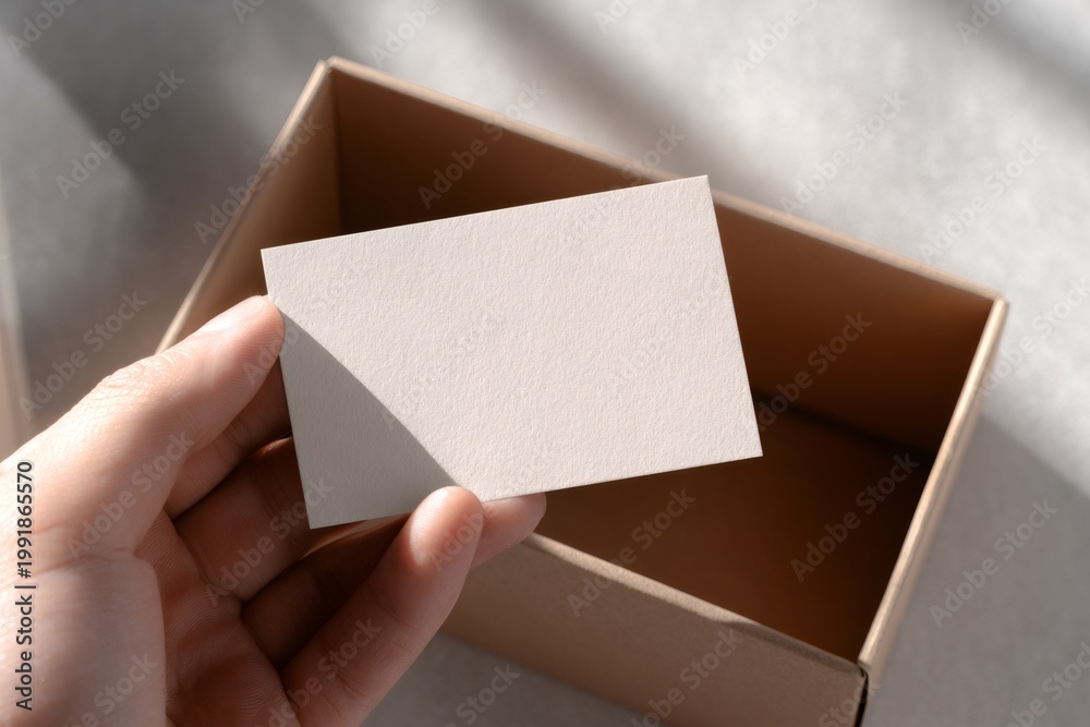 Fototapeta premium Hand holding a blank business card mockup. Empty paper template over a cardboard box for branding identity. Minimalist and professional presentation concept