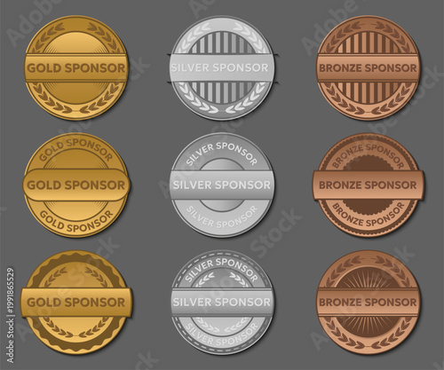 Sponsor medal badge collection. Gold silver and bronze award labels with metallic style elements