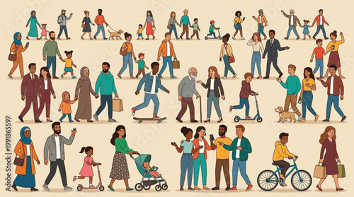 Vibrant illustration of a diverse group of people and families enjoying a sunny urban street, walking, biking, and socializing in a lively public space.