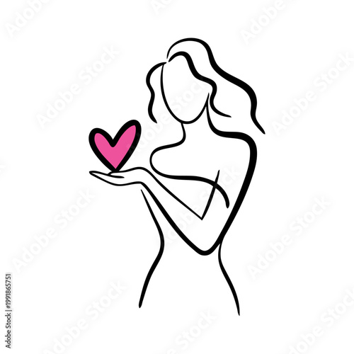 Logotipo con dibujo minimalista con una única línea de mujer de pie con corazón de color rosa en la mano, para tarjetas y felicitaciones de San Valentín