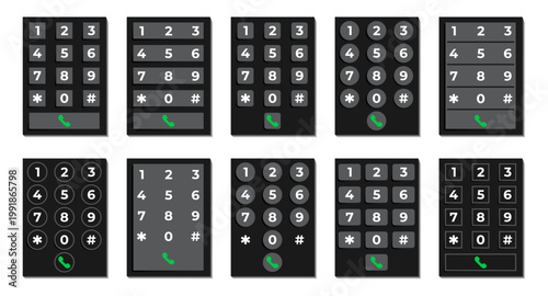 Dial keypad interface collection. Set of numeric panels with call buttons and different layouts