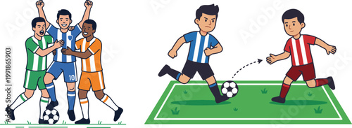 Cartoon illustration of soccer players in action, showing a group celebration and a player dribbling the ball on a green field.