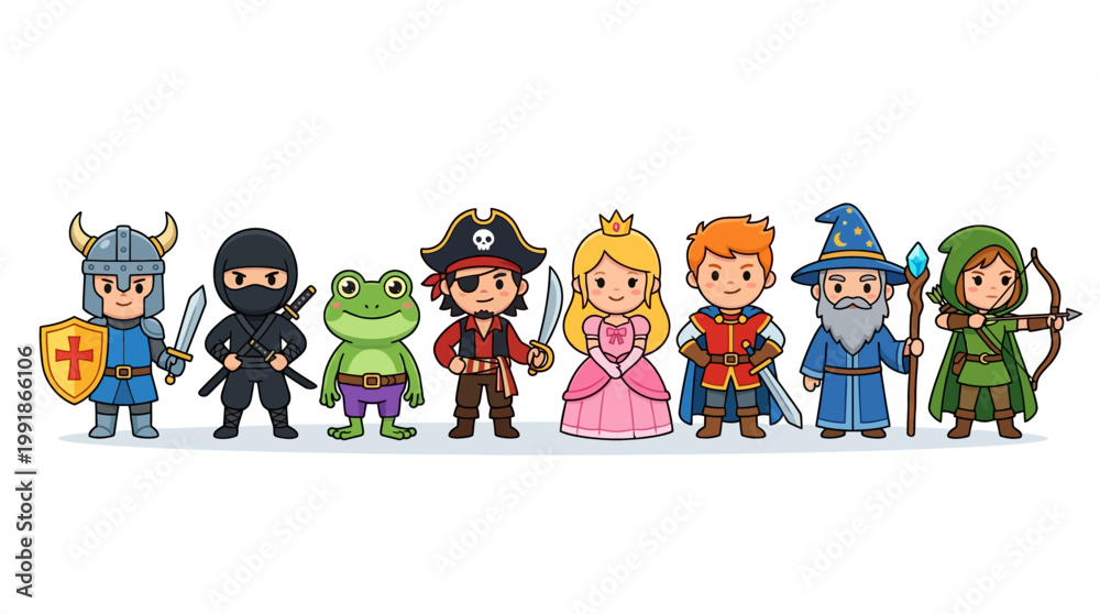 Fototapeta premium Colorful chibi fantasy heroes lineup featuring a knight, ninja, pirate, princess, wizard and friends — cute cartoon characters for kids, games, stories and imaginative play