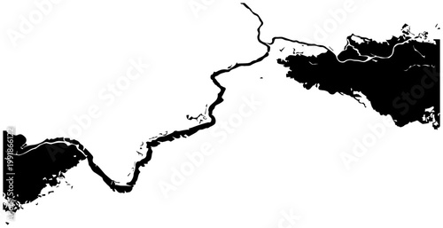 Abstract graphic representation of a crack or fissure with organic flowing edges and a stark contrast between black and white elements suggesting division separation or a breaking