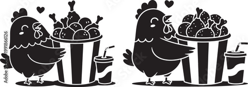 Cute cartoon chickens holding buckets of fried chicken and drinks with fast food junk food black and white comfort food savory food home cooking food industry chickens takeaway illustration