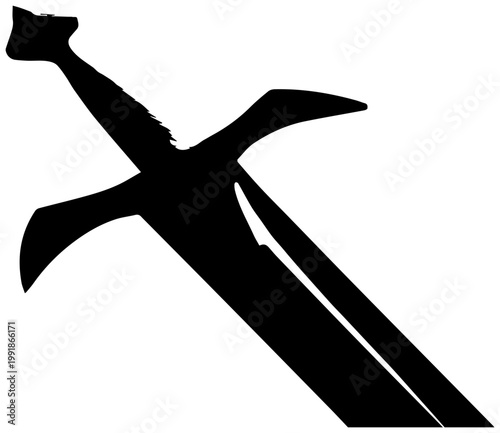 Sharp clean modern abstract sword silhouette with a dramatic intersecting blade design isolated on a crisp white background conveying power and conflict in a minimalist graphic