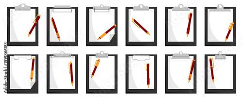 Clipboard checklist icon collection. Set of paper boards with pens in different positions and layouts