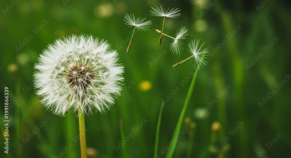 Fototapeta premium Dandelion flowers in green field.